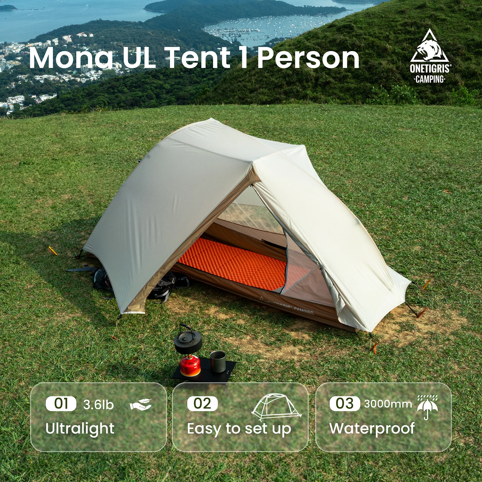 

OneTigris Mona Camping Tent 3000mm Waterproof One-person Ultraweight Shelter for Hiking Backpacking Trekking Cycling Travel Tent