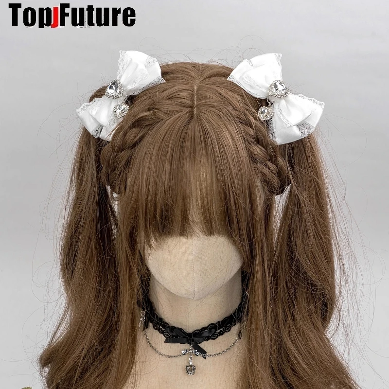 Women Harajuku Y2K Girl Gothic Lolita Headwear lace rhinestone bow hair clip dopamine jewelry Hairpin clip