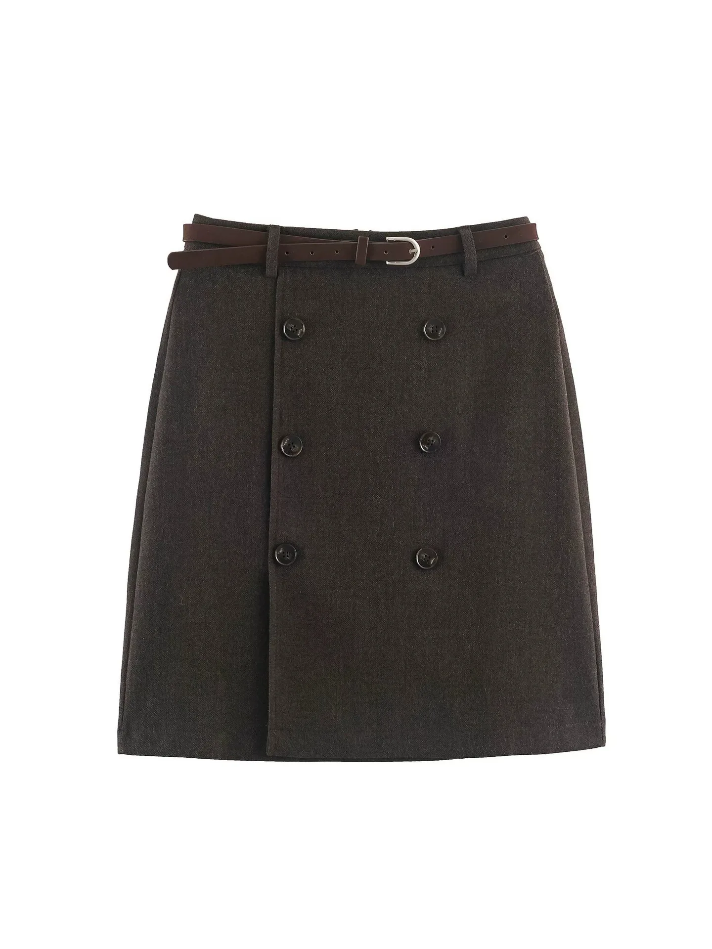 Maxdutti Minimalist Retro Double Breasted Woolen Woolen Fabric With Belt And Skirt For Autumn Winter Women's Skirt Woman Clothes