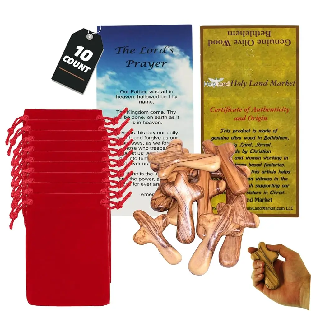 10 Cruces de Madera de Olivo para Sostener en la Mano con Bolsas de Regalo (con Bolsa de Terciopelo Roja o Negra) de Belén