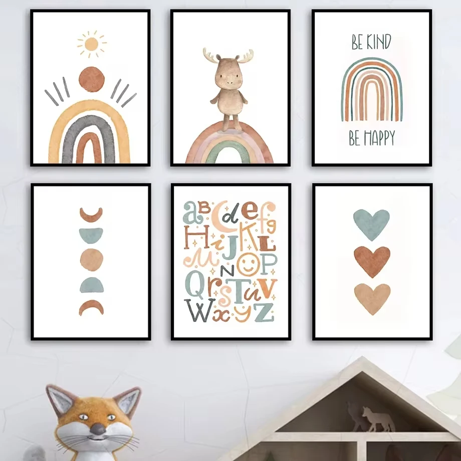 Alphabet Rainbow Door Deer Sun Heart Cartoon Wall Art Canvas Painting Nordic Posters and Prints Children's Room Home Decoration