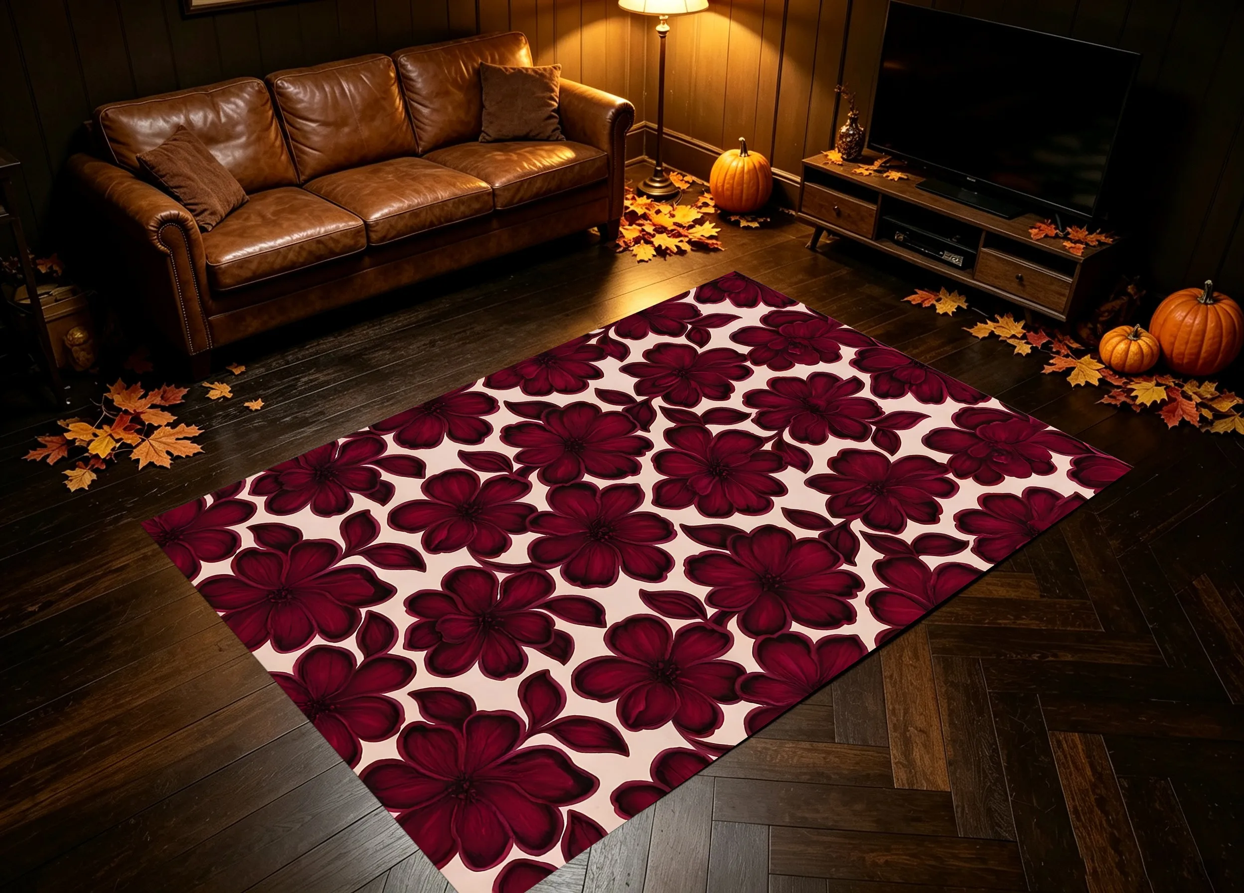A Vintage French-Style Velvet Rug with All-Over Burgundy Floral Print, Perfect for Christmas and New Year Celebrations, Suitable for Bedrooms, Living Rooms, and Warm-Toned Soft Furnishings for Autumn/Winter