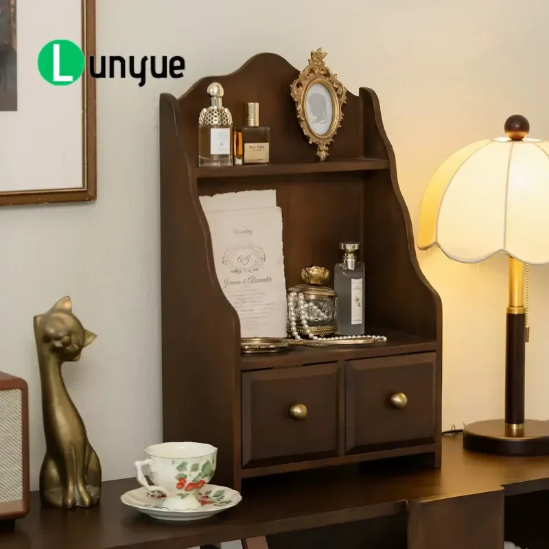 Retro All Wood Desktop Shelf Organizer with Drawer Cup Holder Display Cabinet for Office Home Desk Storage Furniture
