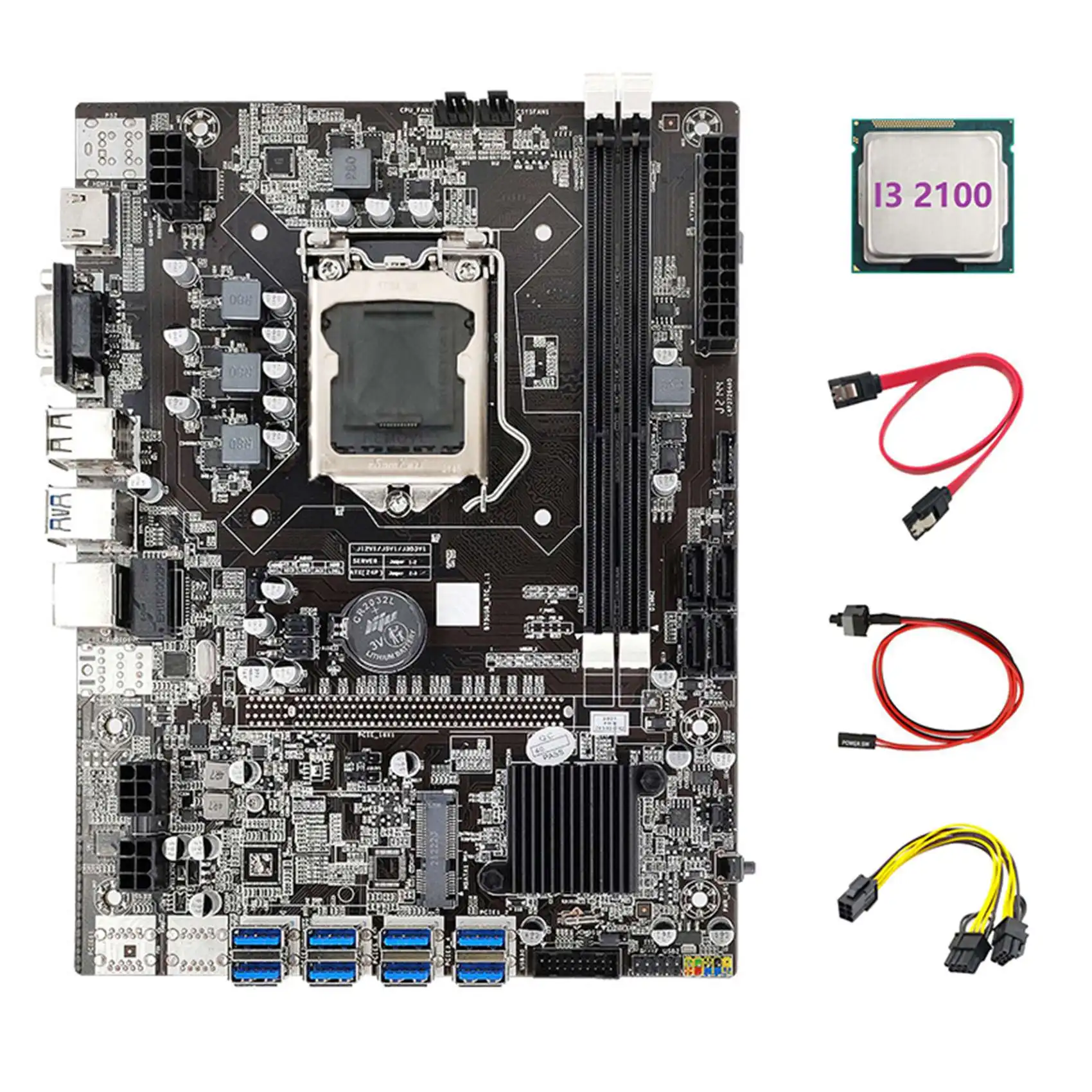 

B75 ETH Mining Motherboard 8XPCIE to USB+I3 2100 CPU+6Pin to Dual 8Pin Cable+SATA Cable+Switch Cable LGA1155 B75 Board