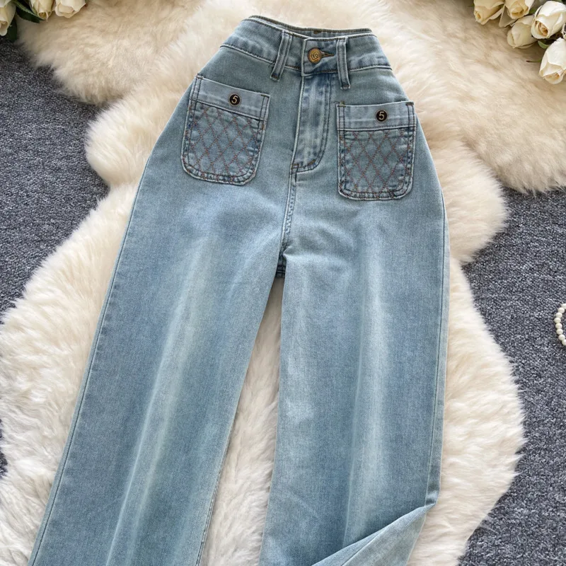 ANJY خريف جديد إمرأة الأمريكية الرجعية الجينز الثقيلة الحرفية جيب التطريز شارع العليا العصرية عادية التخسيس السراويل المستقيمة A8827