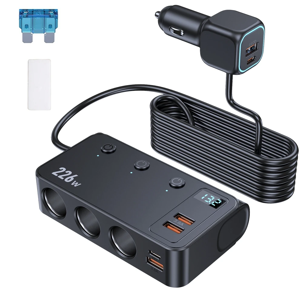9-in-1 sigarettenaansteker splitter max. 226W, USB A, PD Type-C, QC3.0, autoladeradapter met PD 35W LED-spanningsweergave 12V/24V