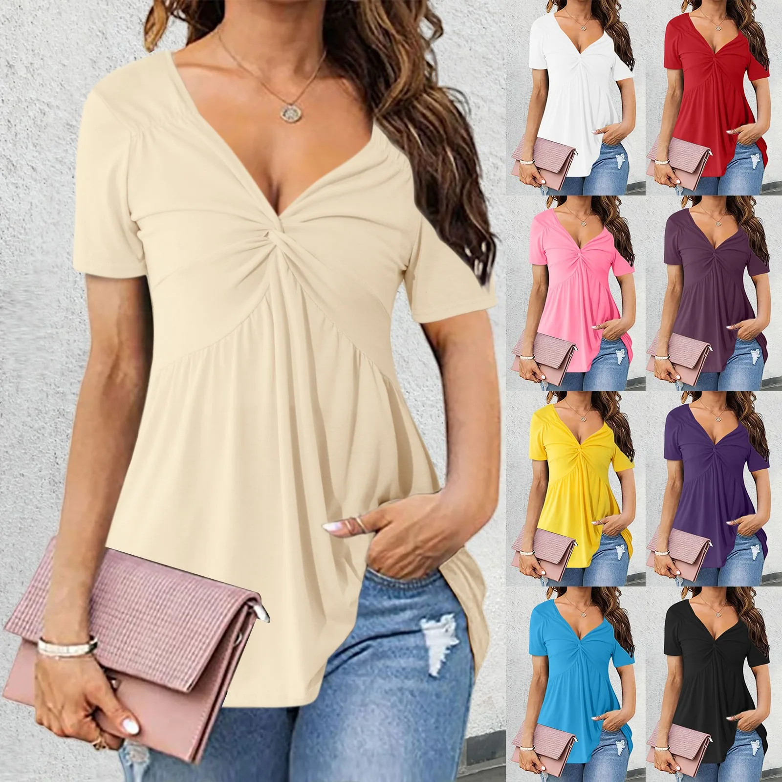 European and American Cross Border Plus Size Women\'s Summer Casual Solid Color V Neck T-shirt Soild Colour Summer Shirt