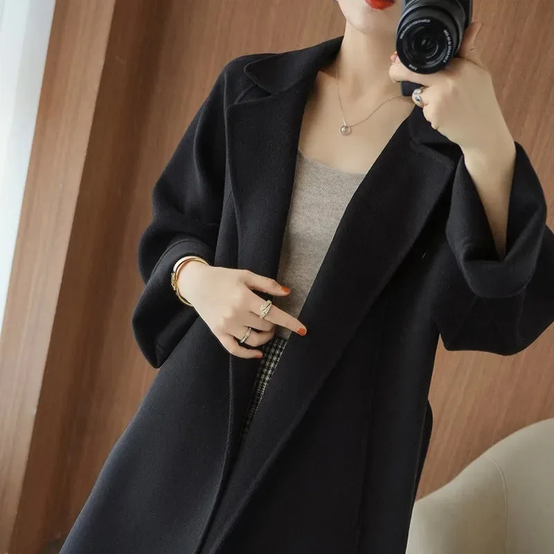 Autumn Winter Women Woollen Trench Coat Fashion Open Stitch Outerwear for Office Lady Solid Turn-down Collar Long Coats