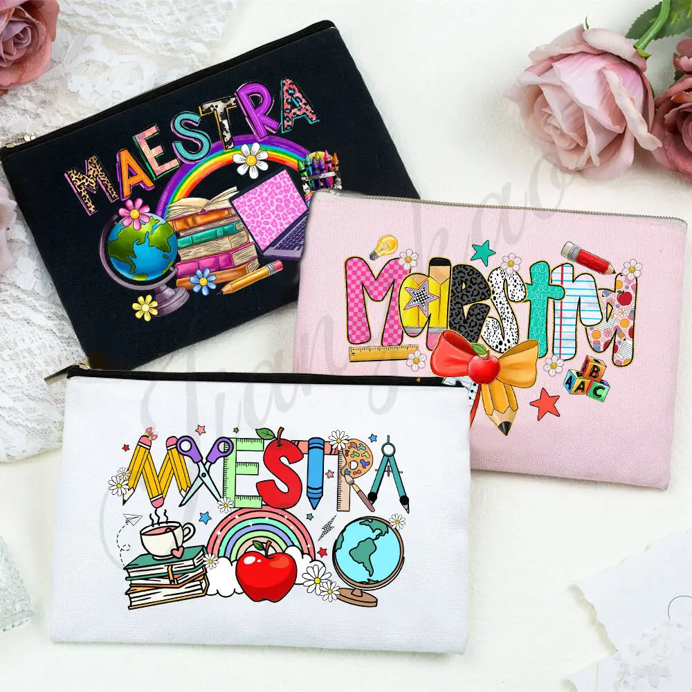 Maestra-bolsa de lápices con estampado español, neceser de viaje, bolsa organizada, bolsa de maquillaje de vida para profesores, regalos para el regreso a la escuela para profesores