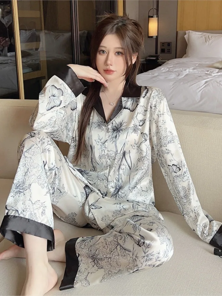 

Fashion Print Pajamas Two-piece Set Casual Comfort Flip Collar Long Sleeves Tops Long Pants At Home Suits Autumn Ladies Nighty