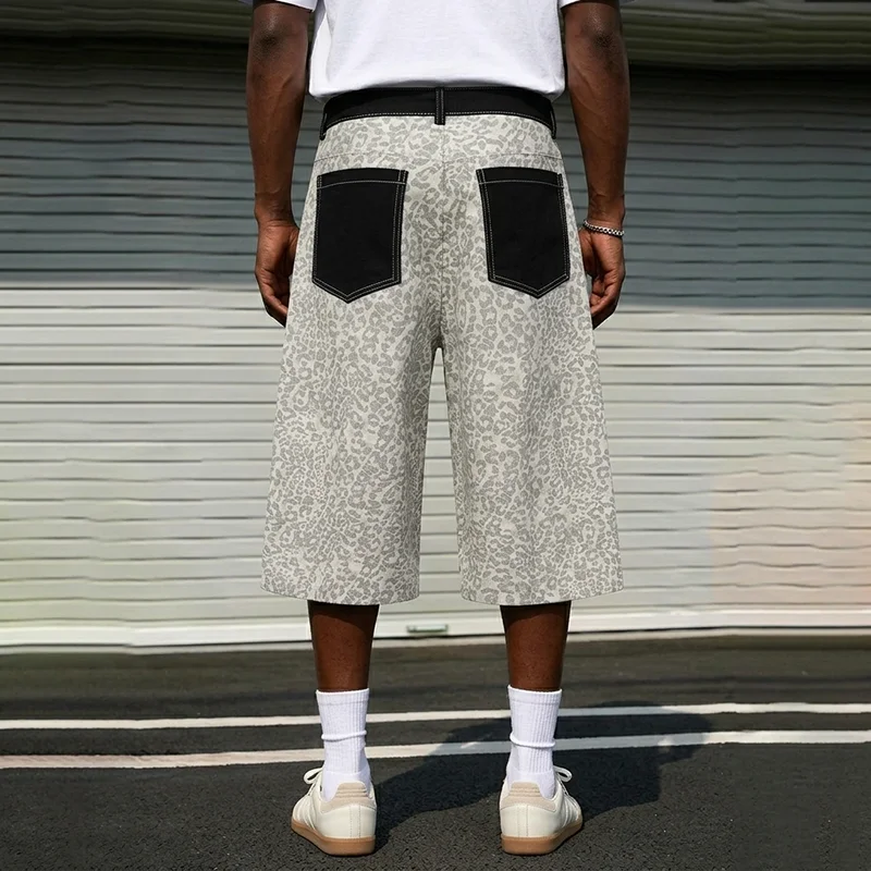 Men's Leopard Jeans American Vintage Street Front Pocket Design Fashion Casual Straight Wide-Leg Shorts Summer Knee-Length Pants