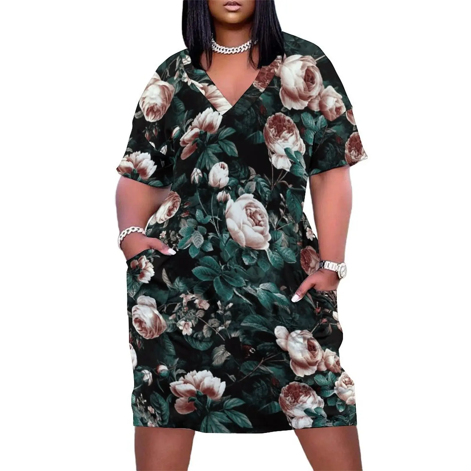 

Roses Green Loose Pocket Dress chic and elegant evening dress Clothing