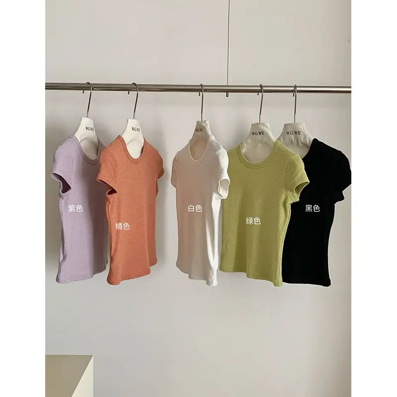 

Wholesale O Neck Short T Shirts Women Slim Tops 2024 New Summer Short Sleeve High Strecth T Shirt Texture Basic Solid Thin Top