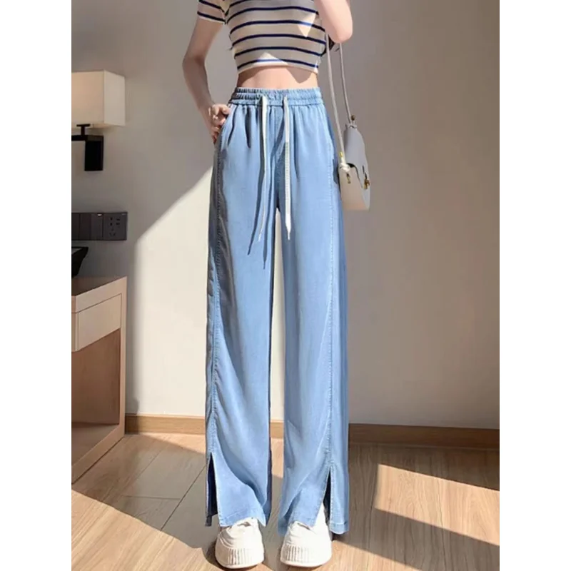 2023 Summer New Thin Denim Women Split High Waist Loose Slim Ice Silk Wide Leg Pants