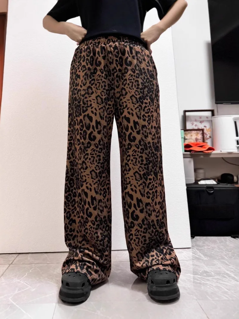 

Повседневные прямые брюки для женщин из комфортного полиэстера с высокой талией, эластичным поясом и принтом в виде леопардового узора