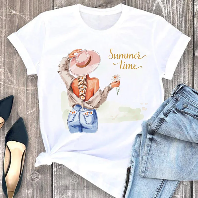 New Women T Shirt Fashion Flower Girl Print T Shirt Female Short Sleeve Summer Tops Ladies Cute Graphic Tee Shirts Woman T-shirt