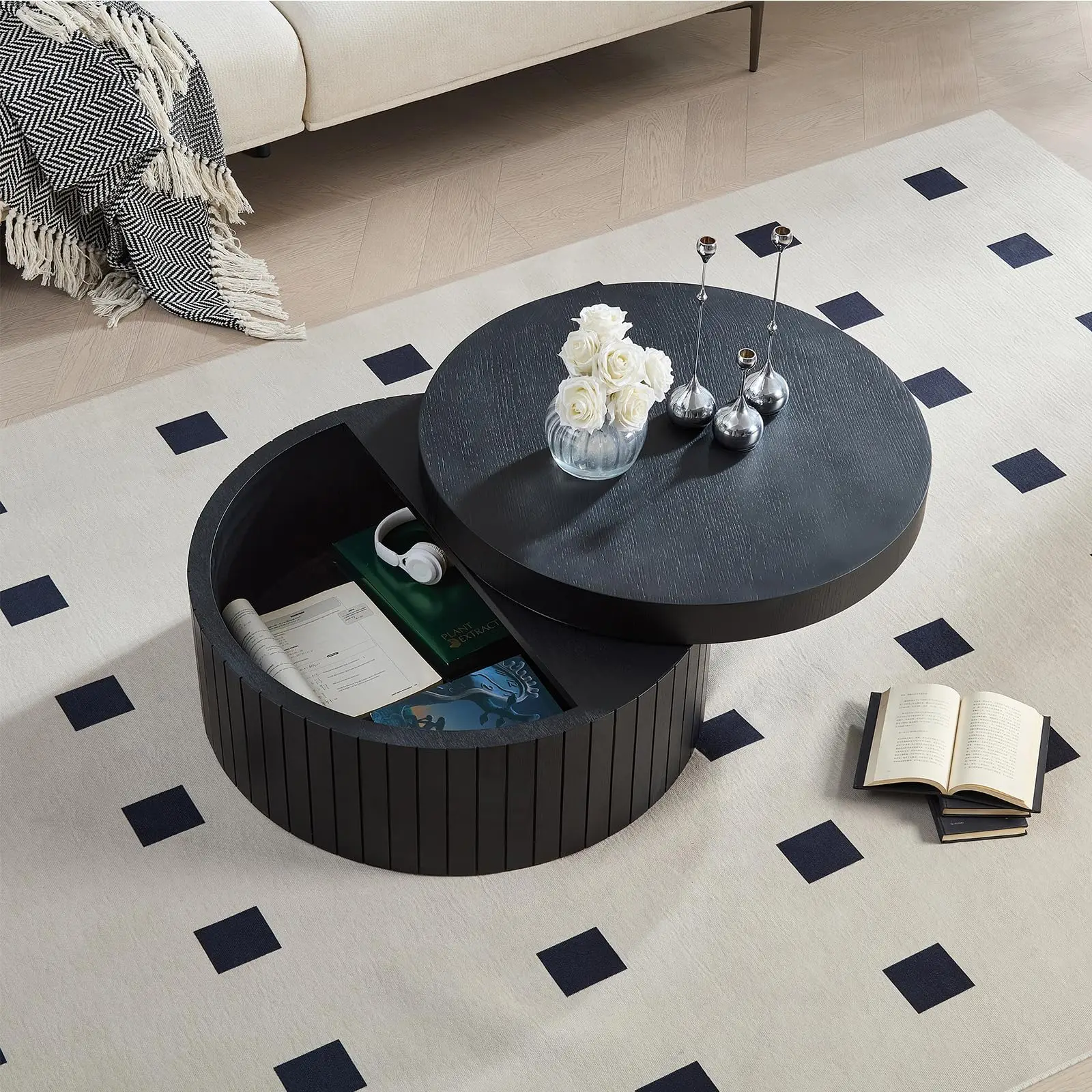 Round Coffee Table with Storage for Living Room Modern Minimalist Accent Tea Side Table Requires No Assembly Black
