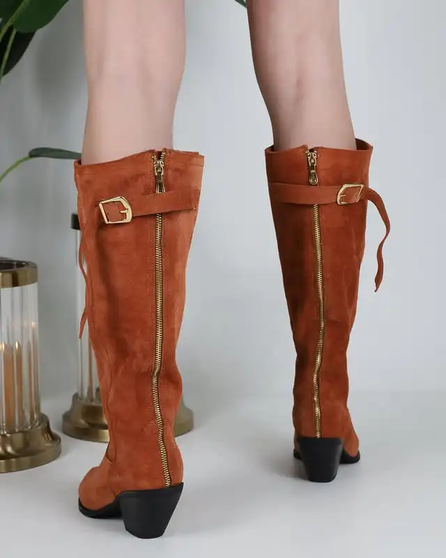 2026 Mid-Calf Boots For Women Fashion Pointed Toe High Heels Club Sexy Dance Shoes Brown Suede Back Zipper Female Boots 44 view 4