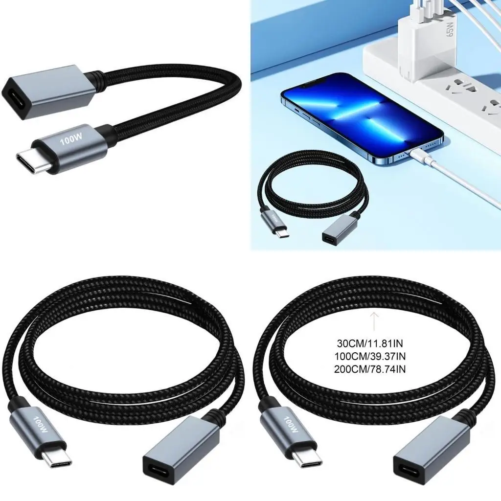 

652F TypeC Extension Cord PD100W Power Delivery 480Mbps Fast and Data Sync Durable Nylon Braided