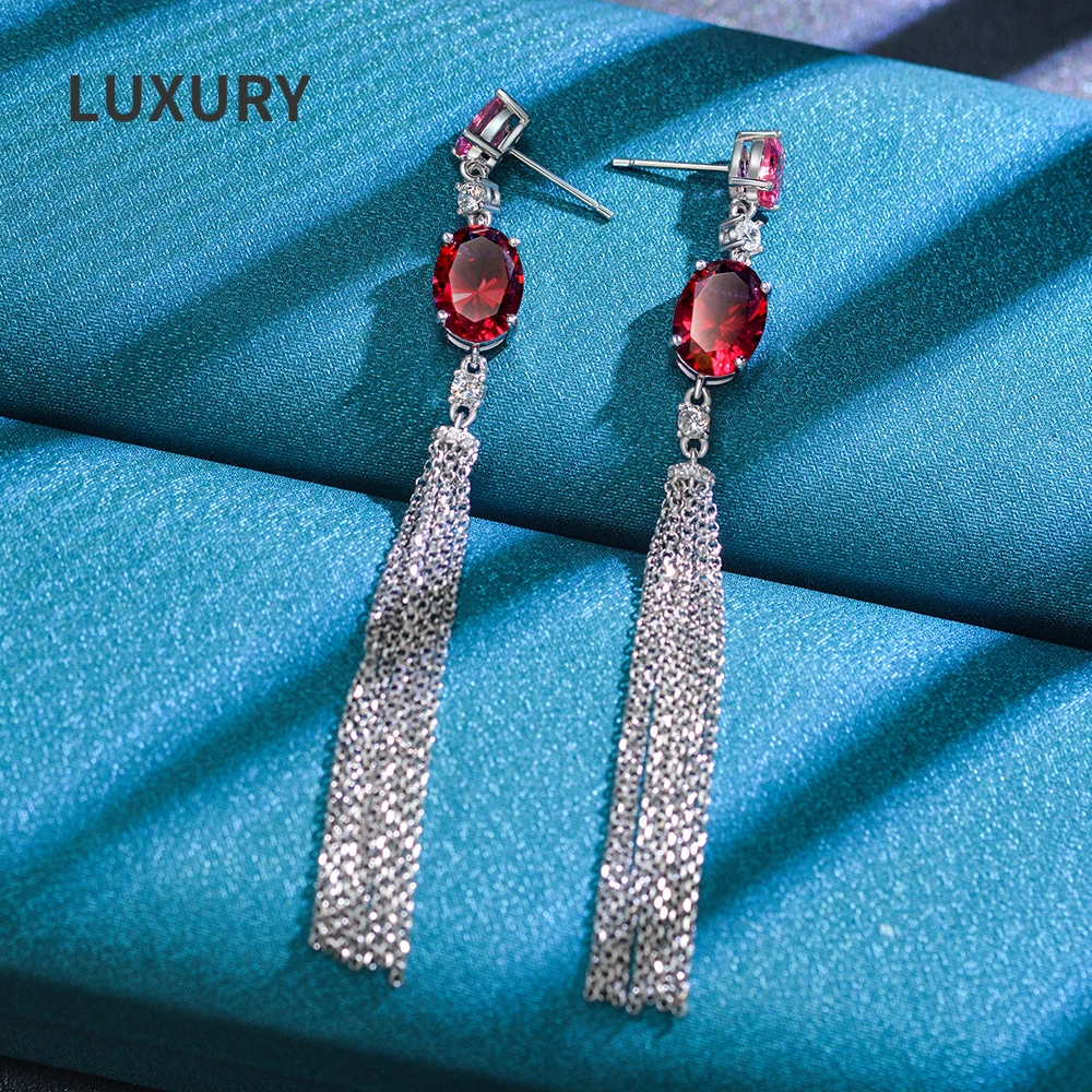 

Luxury 100% S925 Sterling Silver Oval Ruby High Carbon Diamond Pendant Earrings For Women Sparkling Wedding Fine Jewelry