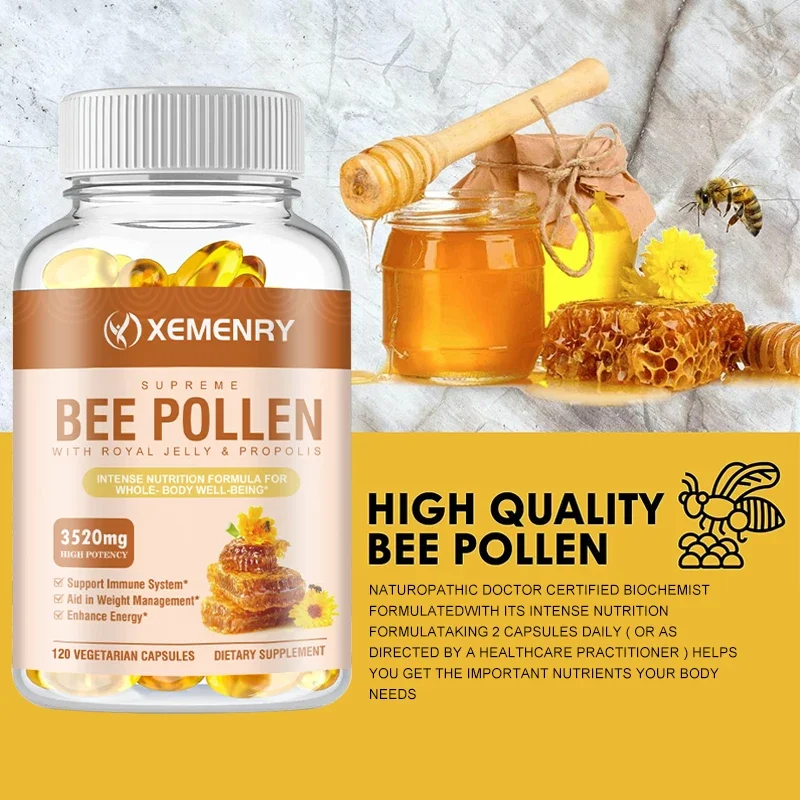 Bee Pollen 3520 Mg 120 Vegetarian Capsules (100% Vegan, Non-GMO and Gluten-Free) Naturally Rich in B Vitamins, Protein