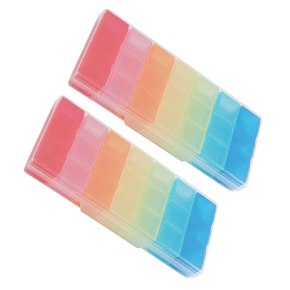 2Pcs Tablet Dispenser 7 Day Weekly Medicine Box 21 Labeled Compartments Lids Easy View Organizer for Home School