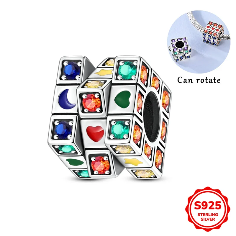 

100% 925 Sterling Silver Charms Bead Rotating Rubik's Cube Pendant Fit Original Bracelet DIY Women Jewelry Gift