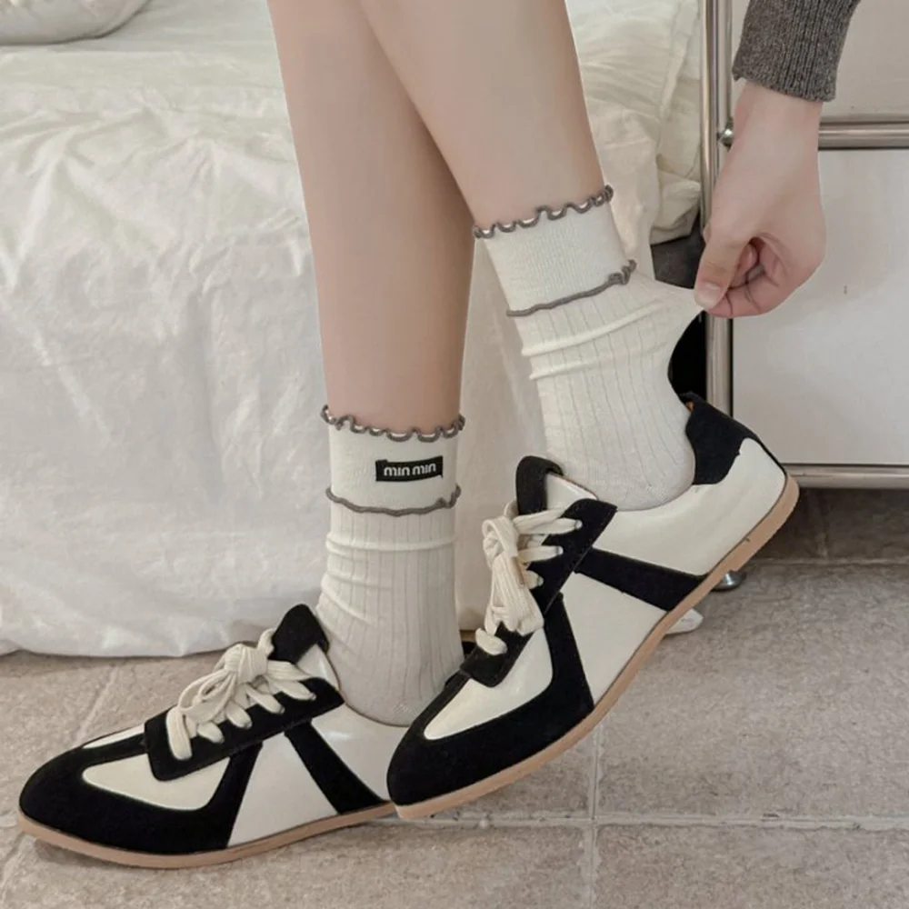 4 Pair Embroidered Women's Socks Cute Ruffled Edge Solid Color Long Korean Style Women Socks Autumn Winter Brand Designer Socks