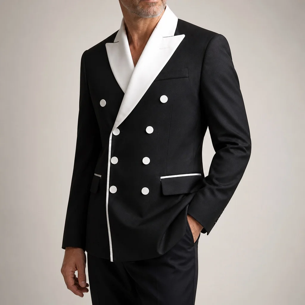 Men's Black Tuxedo Blazer White Contrast Peak Lapel Double Breasted Piped Trim Suit Jacket For Formal Wedding Party Dinner