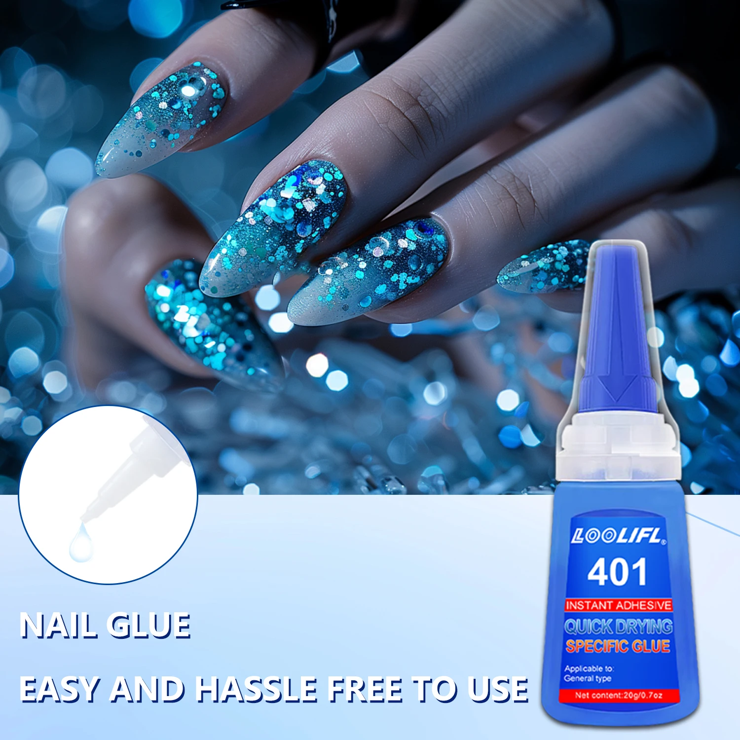 

401 Super Strong Nail Glue, Available in 1/2/5 Packs, Waterproof and Durable, Suitable for Applying Wear-Resistant Nails, Acrylic False Nails, Nail Decorations, 10-Second Quick-Dry Gel, 20g Large Capacity