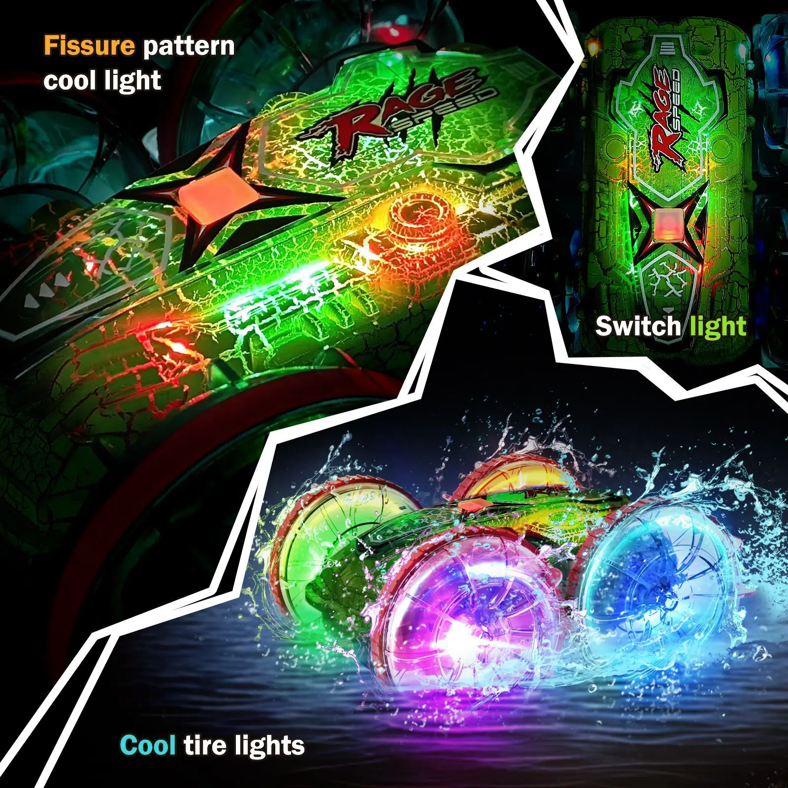 Nouveau modèle de fission de dinosaure électrique étanche tout-terrain longue durée de vie de la batterie lumière amphibie voitures rc pour enfants pour adultes
