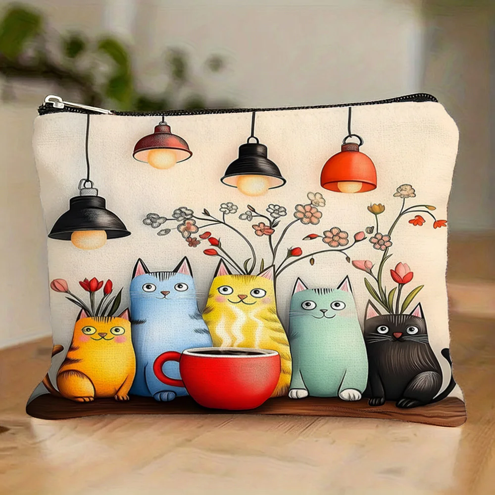 Colorful Cats Coffee Cup Zipper Makeup Bag Warm Lamp Wildflower Illustration Print Cosmetic Pouch Ladies Portable Storage Purse