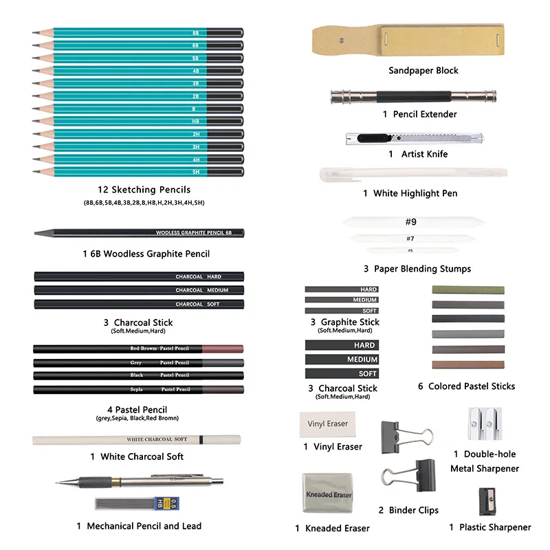 50/54 stücke professional grade skizze bleistift set künstler carbon zeichnung skizze stoßfest werkzeug für schule zeichnung und skizzieren