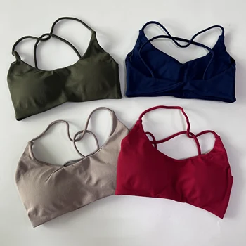 เปิดตัวใหม่ Dynamic Twist Back Sports Bra Medium Support Running Strappy Back Yoga Bra Seamless Gym Top Women Fitness Sportwear