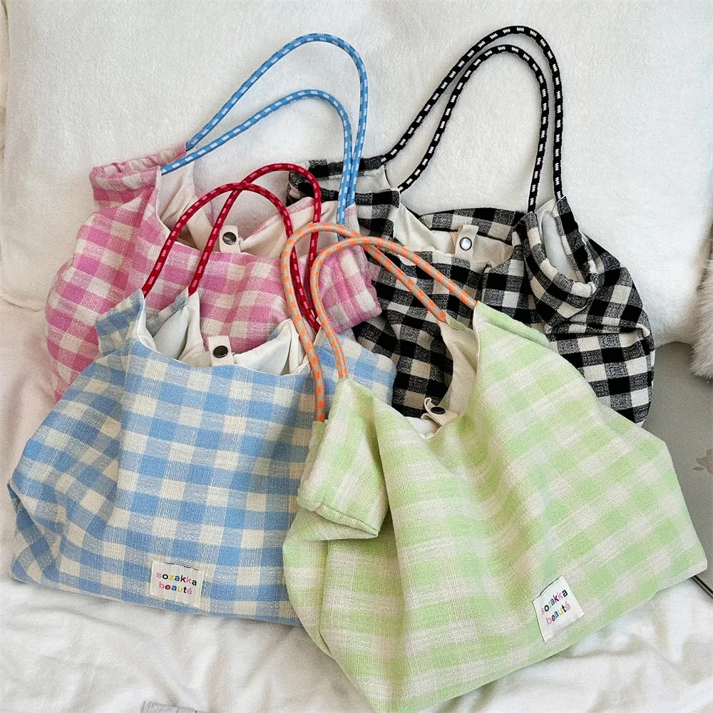 Casual Plaid  Women Shopping Bag Large Capacity Ladies Daily Tote Handbags Cotton Cloth Double-sided Girls Shoulder Bags