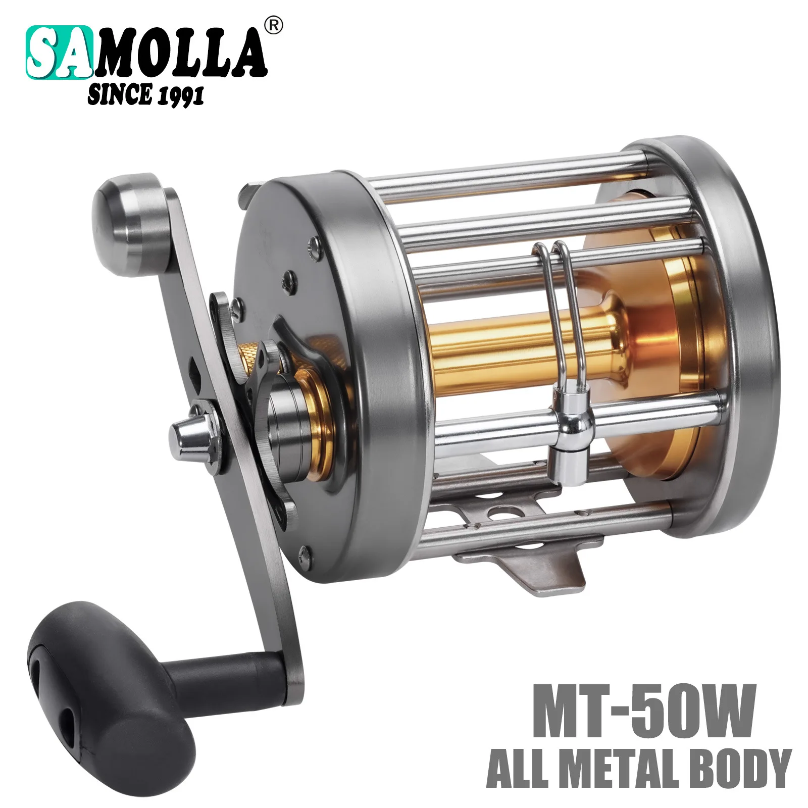 SAMOLLA Trolling Fishing Reel 50W Series Stainless Steel Main Body, Aluminum Spool, Alarm Button Brake Force Adjustment Deep Sea