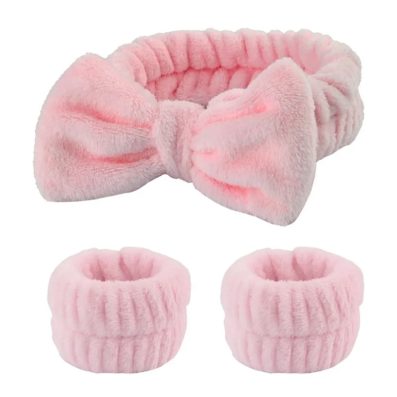 3Pcs Bow Headband Wristband Set Towel Elastic Soft Washing Face Shower Make Up Yoga Sports Skincare Headband For Women Girls