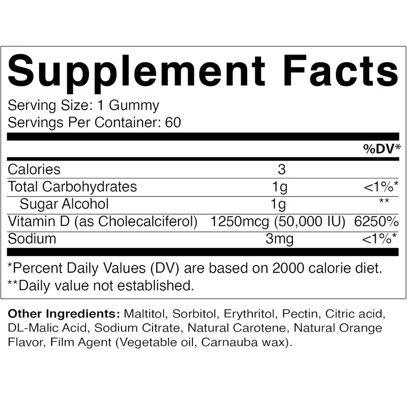 Vitamin Sugar Free Vitamin D3 50000 IU Supplement -60 Gummies - Vitamin D Capsules for Bone, Tooth, and Immune Support