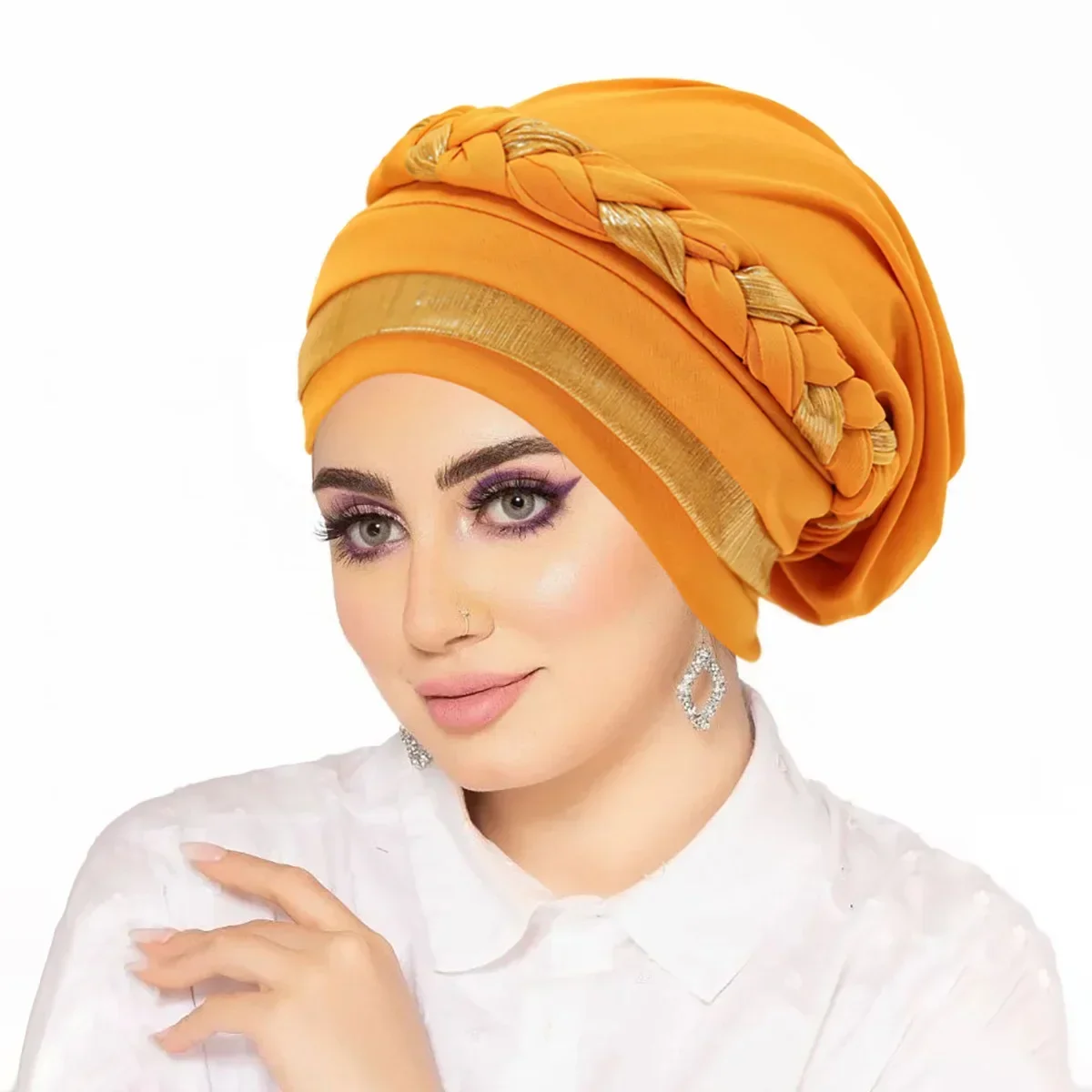 Indian Women Turban Hijab Hat Glitter Chemo Cap Muslim Braid Head Scarf Head Wrap Cover Hair Loss Bonnet Islamic Headwear Mujer