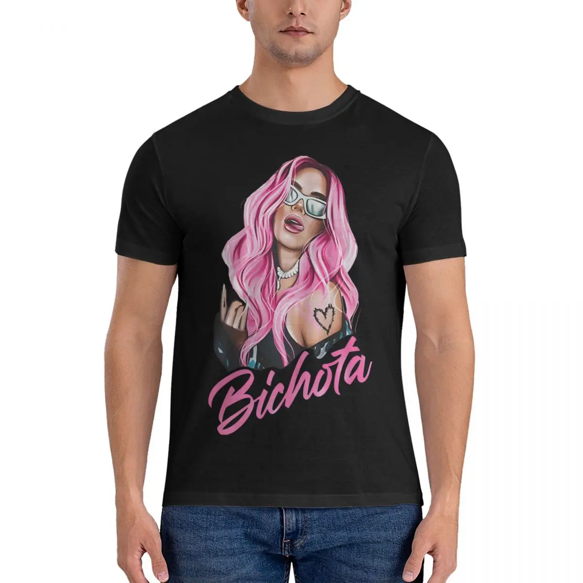 With Pink Hair Illustration With Bichota Word Scoop T Shirt for Men 100% Cotton Vintage T-Shirts Crew Neck Karol G Tee Shirt