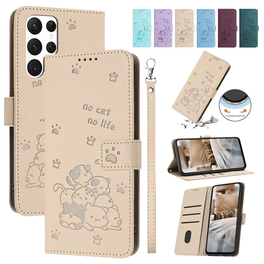 

Embossed Cat Wristband Wallet Case For Samsung Galaxy S24 Ultra S23 Plus S24 S22 S21 S20 S10 S9 Leather Card Slots Flip Cover