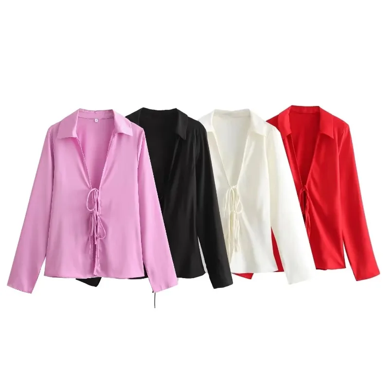 Camisa feminina de alta versão 2025 nova gola virada para baixo oco para fora feminina magro de manga comprida arco decorado seda cetim textura camisa