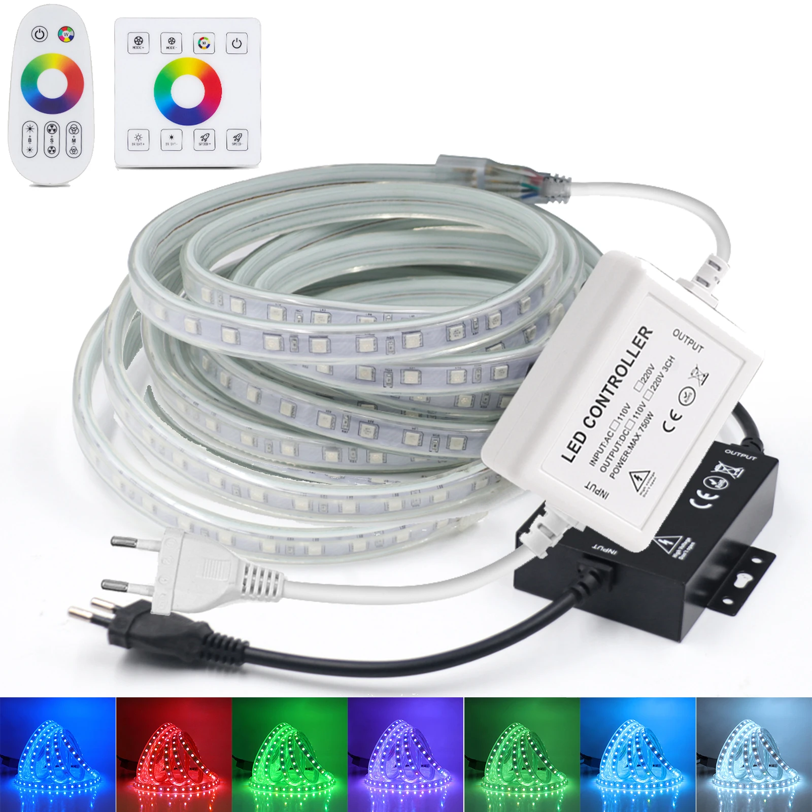 

5050 RGB LED Strip Light 220V 110V Waterproof Flexible LED Tape 4pin 750W 1500W RF Remote Wall Touch Control Dimmable for Decor