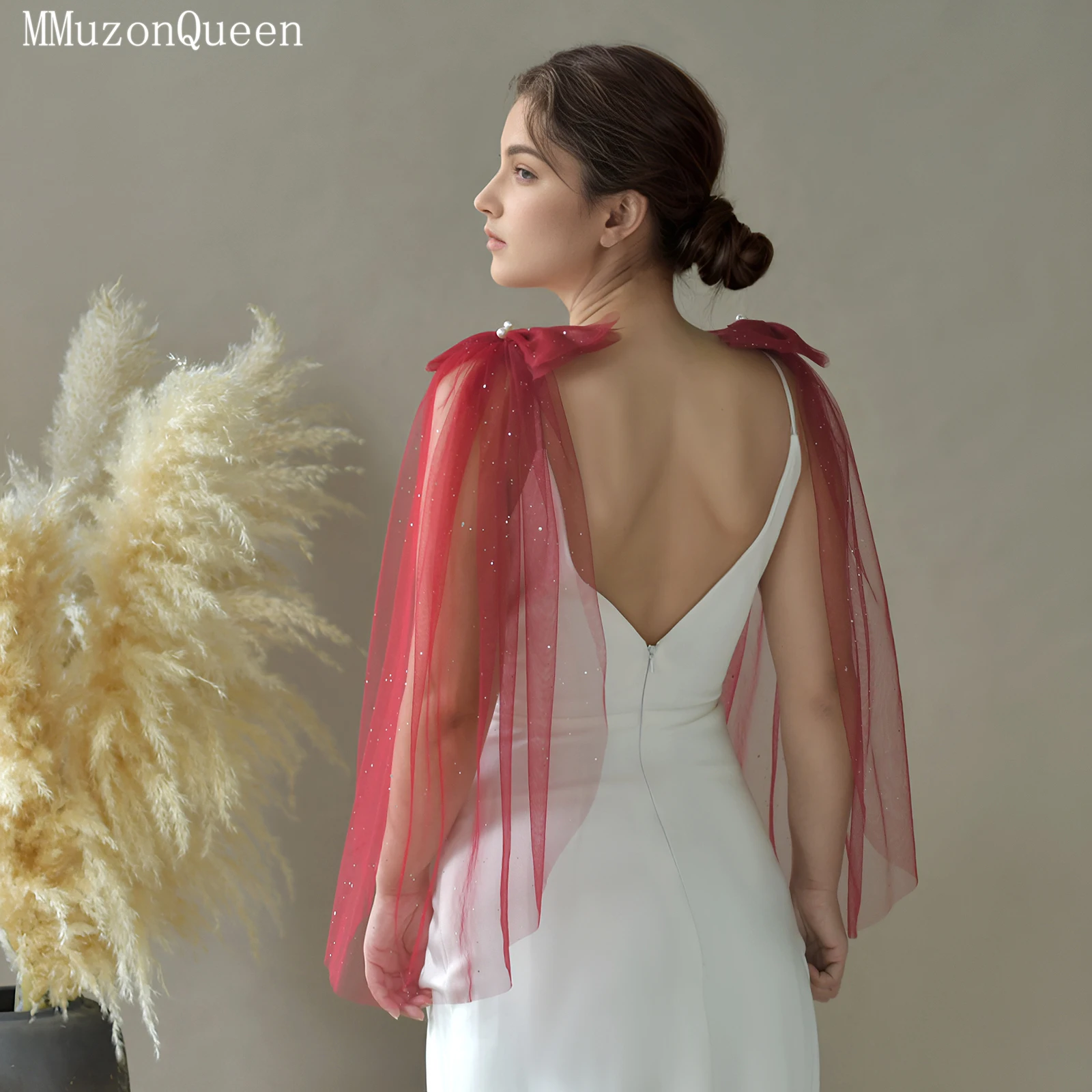 TOPQUEEN Custom Removable Sleeves for Bridal Wedding Dress Nylon Fabric Soft Yarn Pearl Bow Bachelor Party Veil Shawl VG34