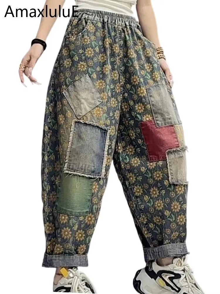 

Amax luluE весенние женские джинсовые брюки с цветочным принтом, роскошные модные элегантные джинсы 2025 года, повседневные винтажные свободные классические шаровары
