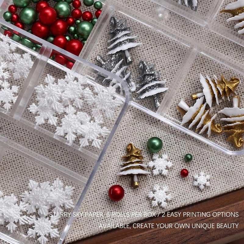 6 rejillas/caja de cuentas navideñas rojas/verdes, copos de nieve, diamantes de imitación para uñas, cuentas coloridas de tamaño mixto, dijes Nali, joyería de manicura navideña