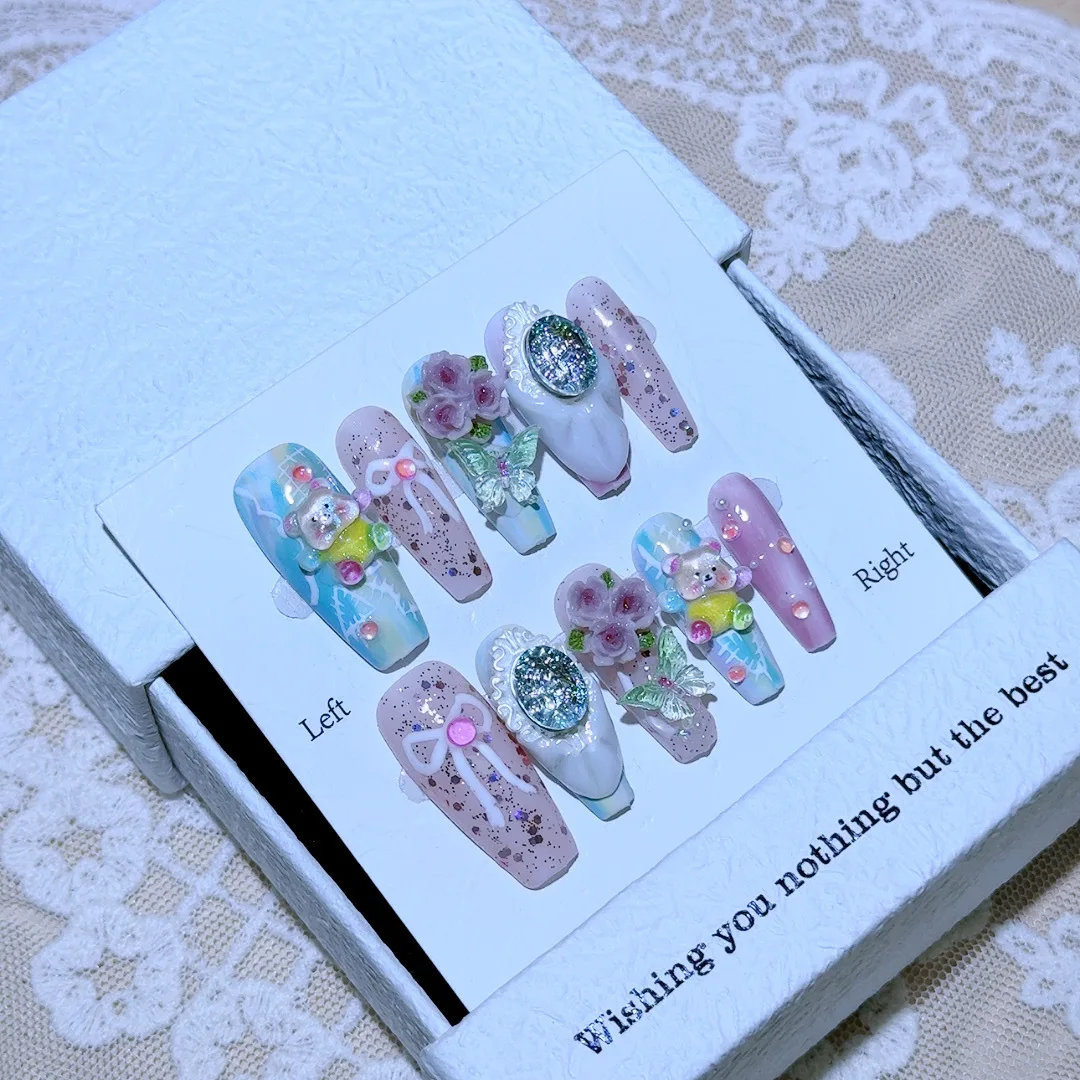 10 Sztuk Słodkie Wiosenne I Letnie Słodkie Urocze Ręcznie Robione Paznokcie 3d Rose Manor Dopamine Art Fake Nails Removable Reusable