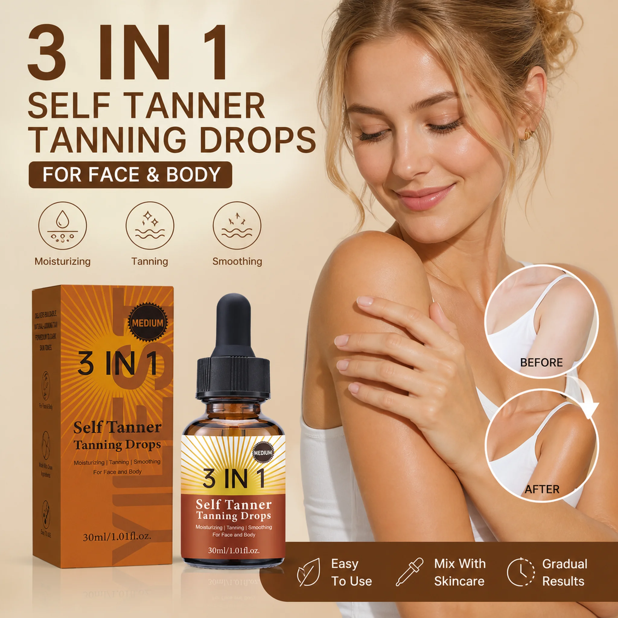 Sunless Tanning Drops 30ml – 3-in-1 Formula, Mix with Cream for Natural, Streak-Free Sun-Kissed Glow for Face and Body