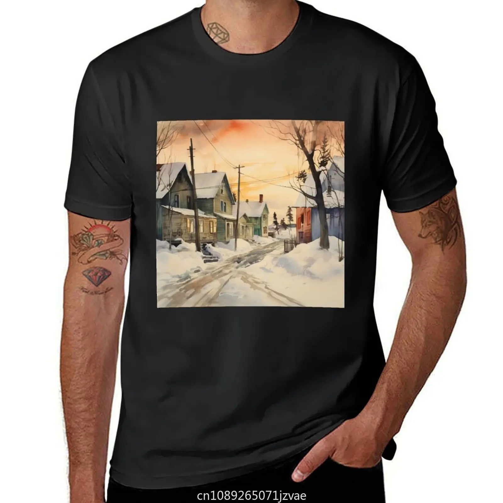 Sunset in a Cosy Winter Village with Piles of Snow T-Shirt cute tops plus size tops quick drying plain white t shirts men