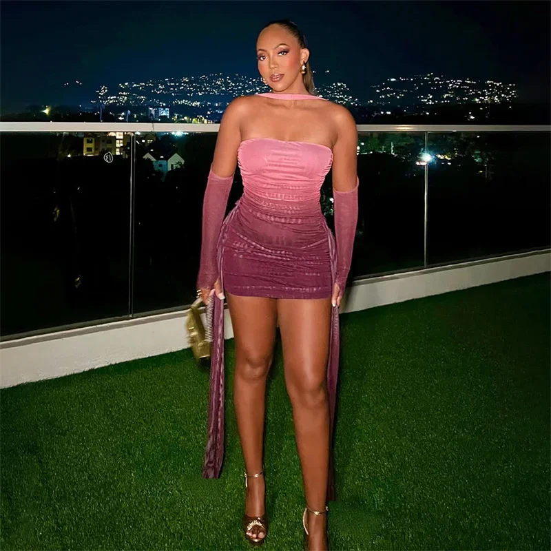 Doyerl – Mini robe moulante en maille transparente pour femmes, tenue d'anniversaire, Sexy, boîte de nuit, Slim, sans bretelles, ruban, robes courtes de fête avec manches